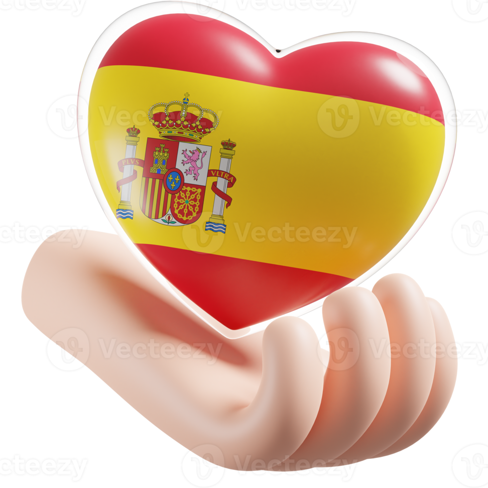 Spain flag with heart hand care realistic 3d textured png