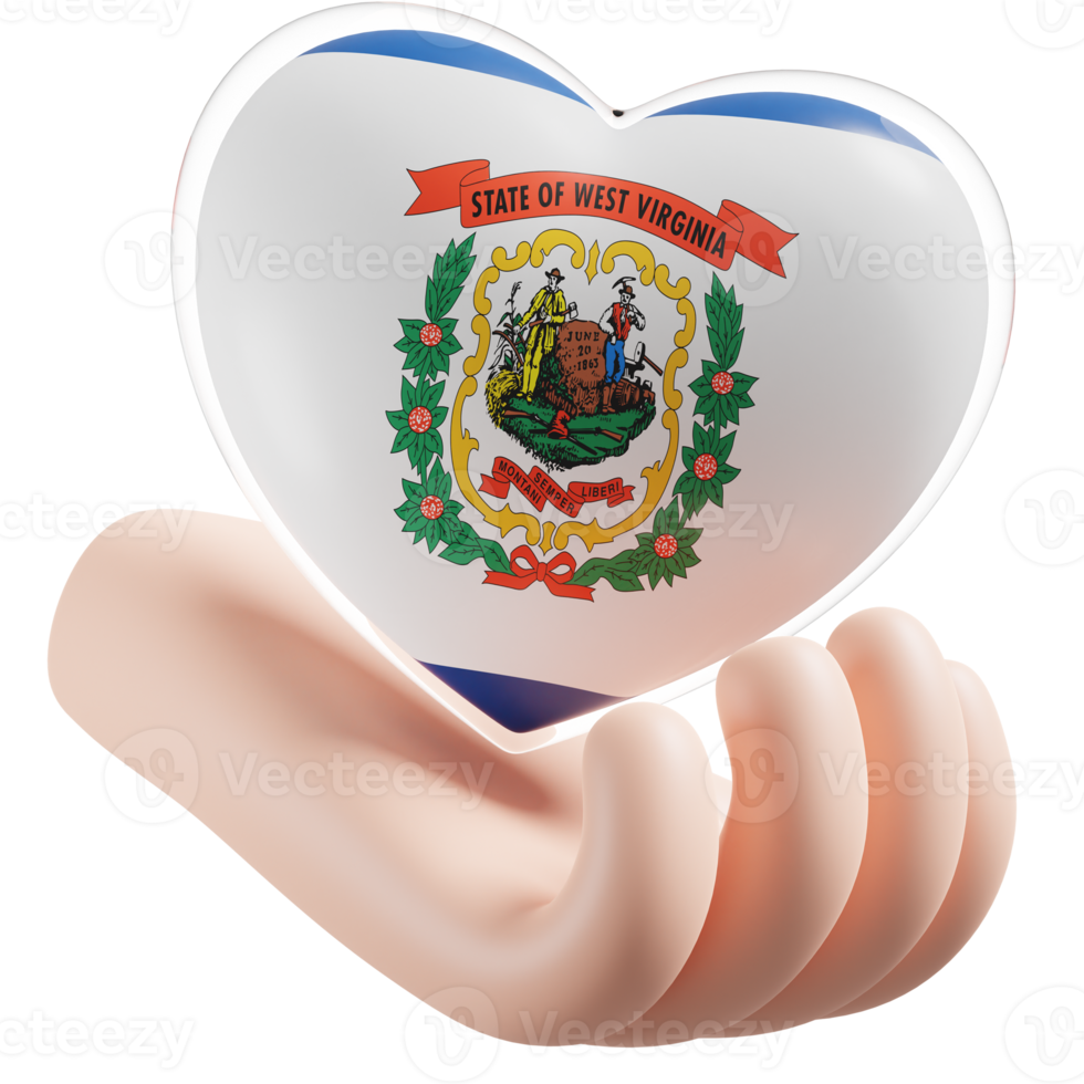 West Virginia flag with heart hand care realistic 3d textured png