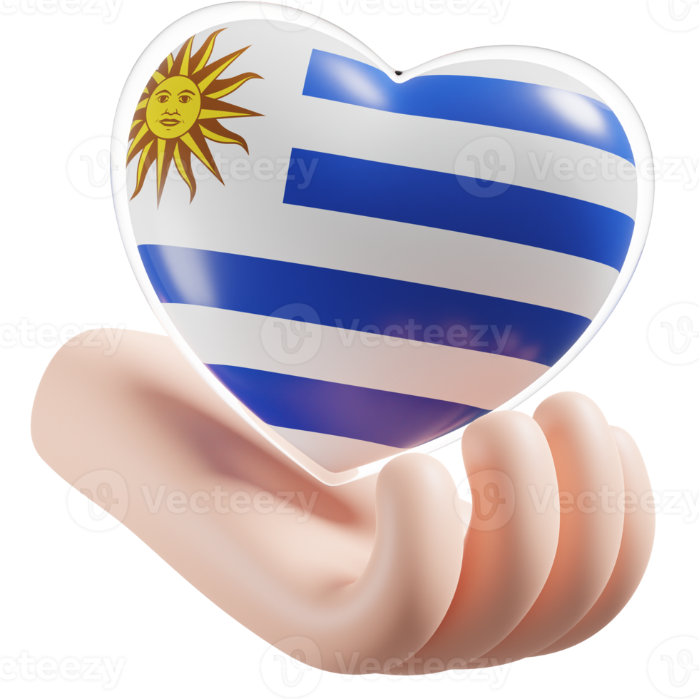 Uruguay flag with heart hand care realistic 3d textured png