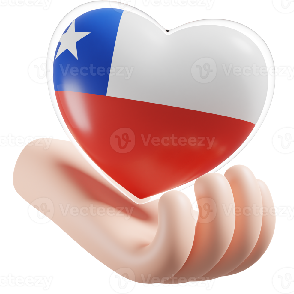 Chile flag with heart hand care realistic 3d textured png