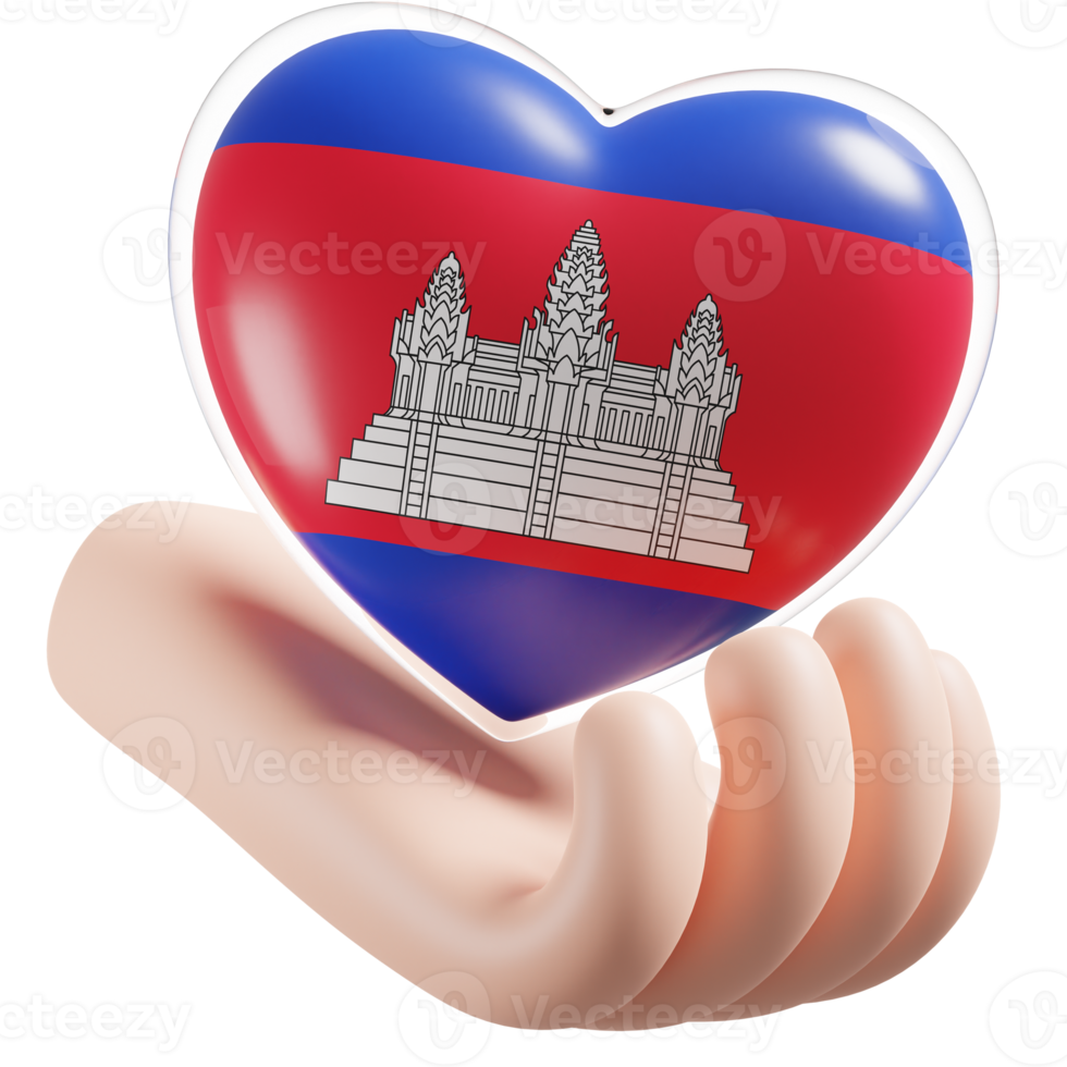 Cambodia flag with heart hand care realistic 3d textured png