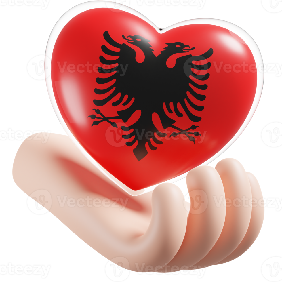 Albania flag with heart hand care realistic 3d textured png