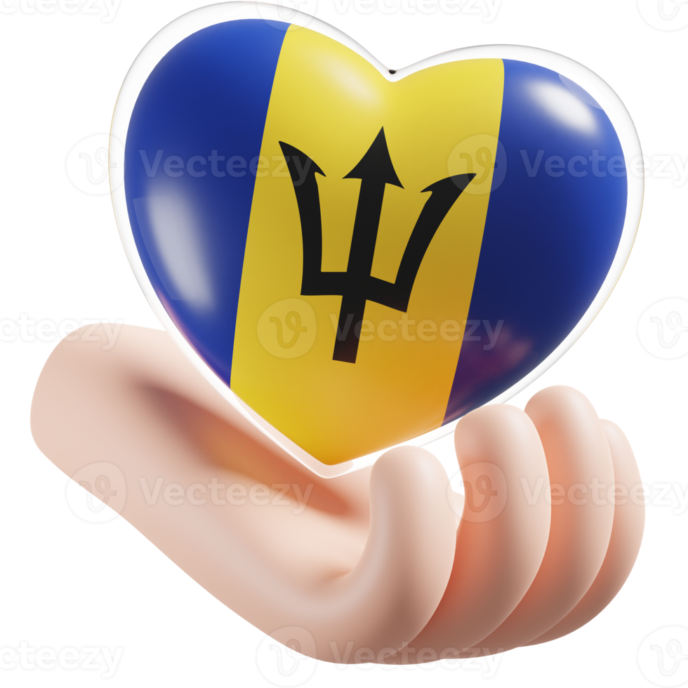 Barbados flag with heart hand care realistic 3d textured png