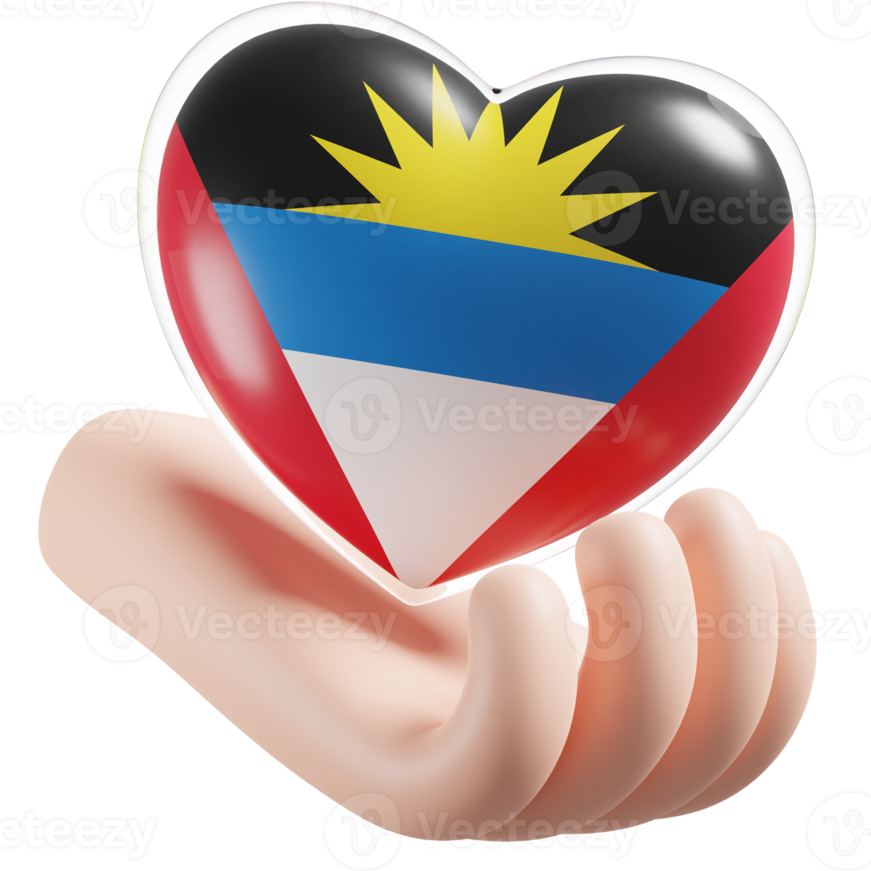 Antigua and Barbuda flag with heart hand care realistic 3d textured png