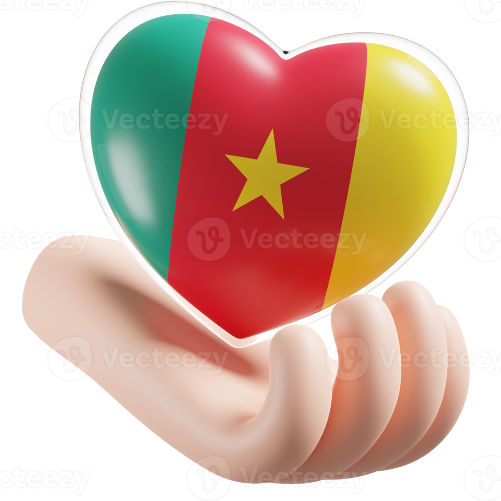 Cameroon flag with heart hand care realistic 3d textured png