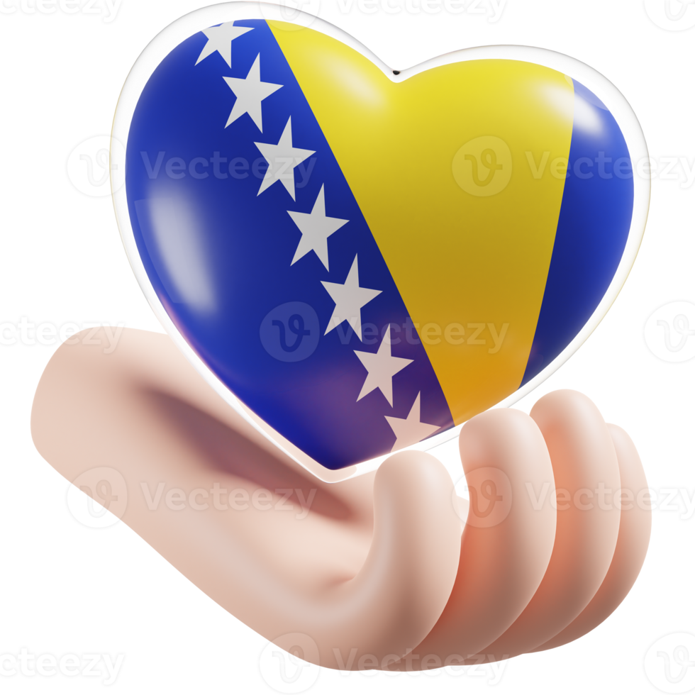 Bosnia and Herzegovina flag with heart hand care realistic 3d textured png