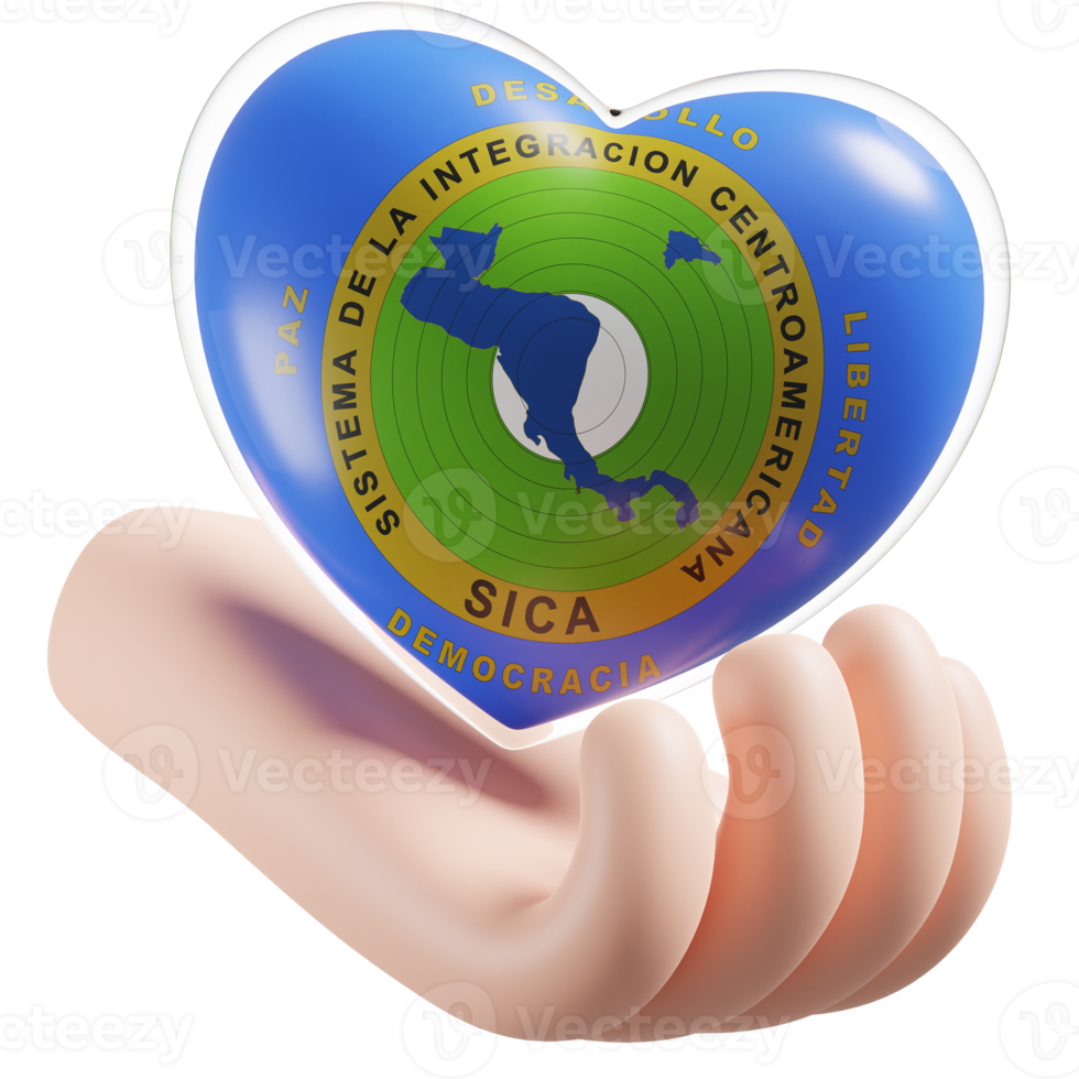 Central American Integration System flag with heart hand care realistic 3d textured png