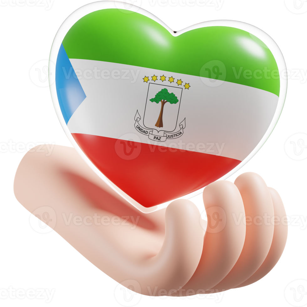 Equatorial Guinea flag with heart hand care realistic 3d textured png