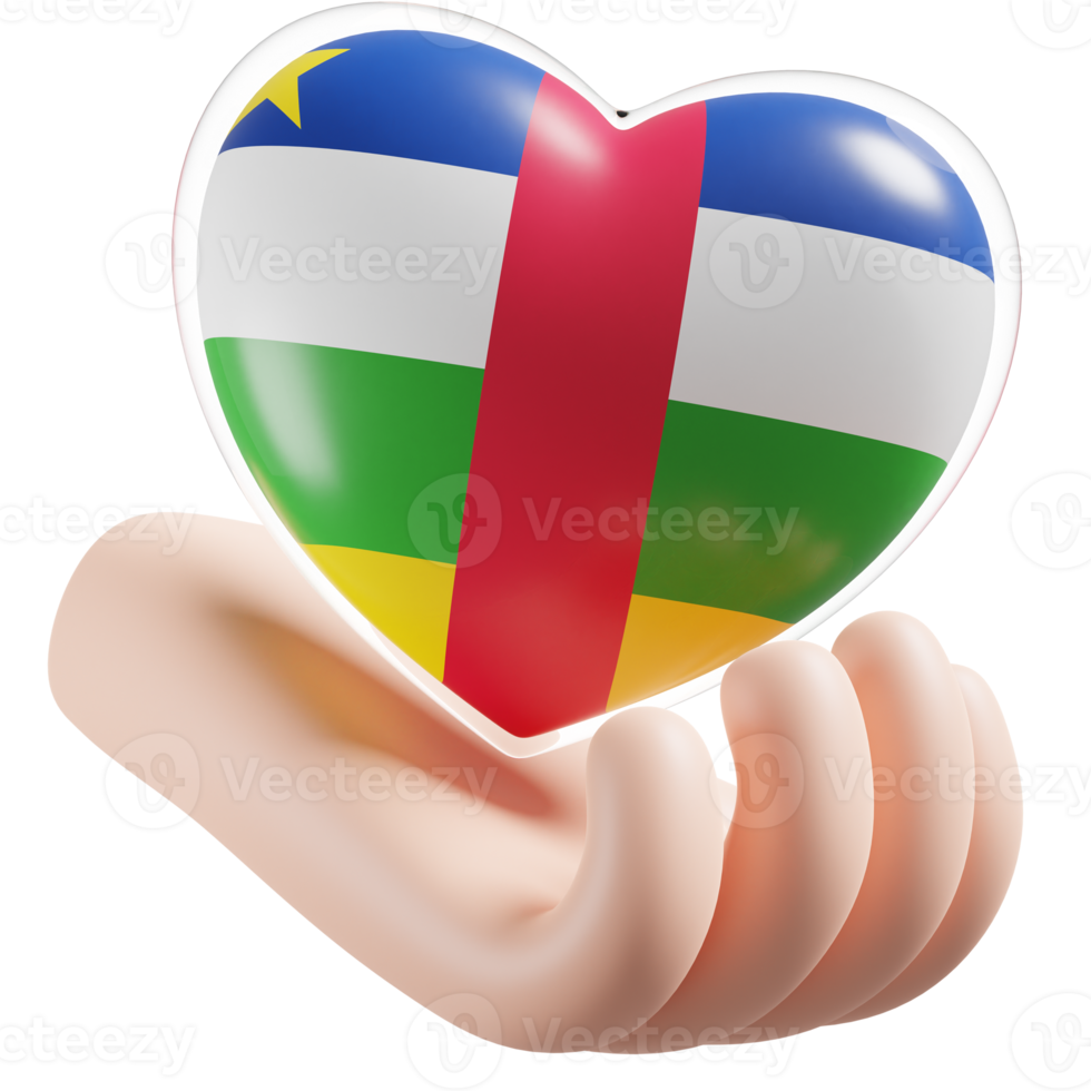 centraal Afrikaanse republiek vlag met hart hand- zorg realistisch 3d getextureerde png