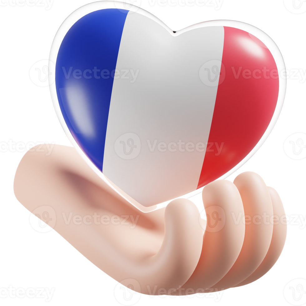 France flag with heart hand care realistic 3d textured png