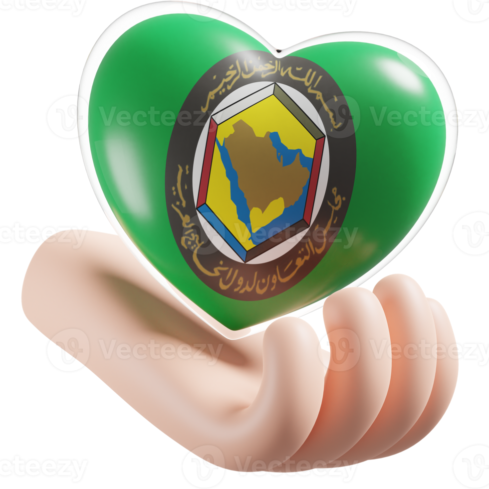 Gulf Cooperation Council flag with heart hand care realistic 3d textured png
