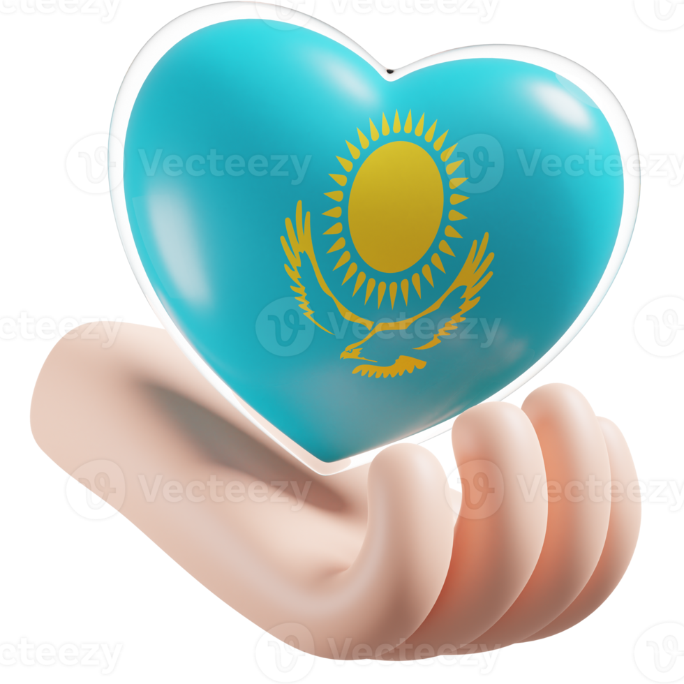 Kazakhstan flag with heart hand care realistic 3d textured png