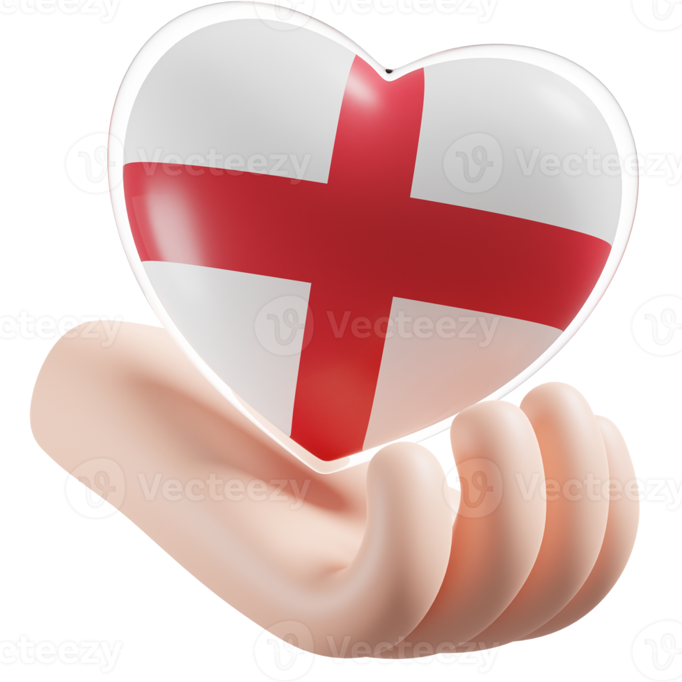 England flag with heart hand care realistic 3d textured png