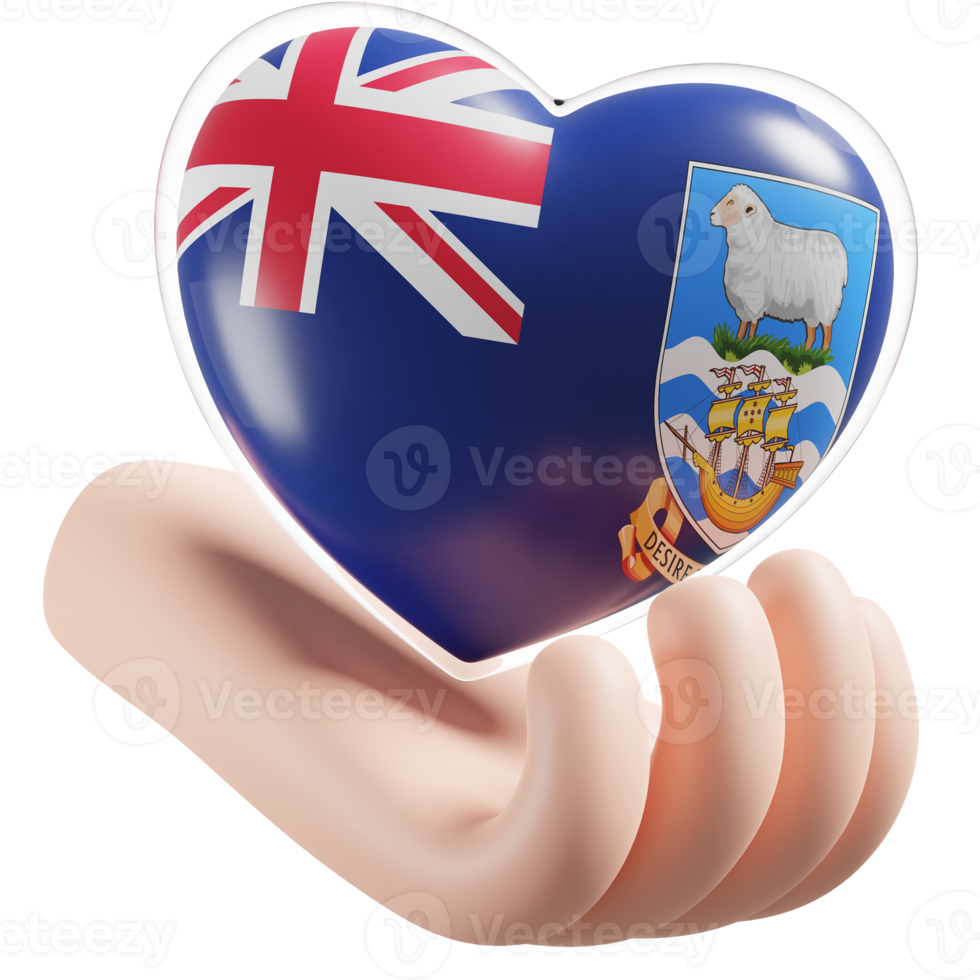 Falkland Islands flag with heart hand care realistic 3d textured png