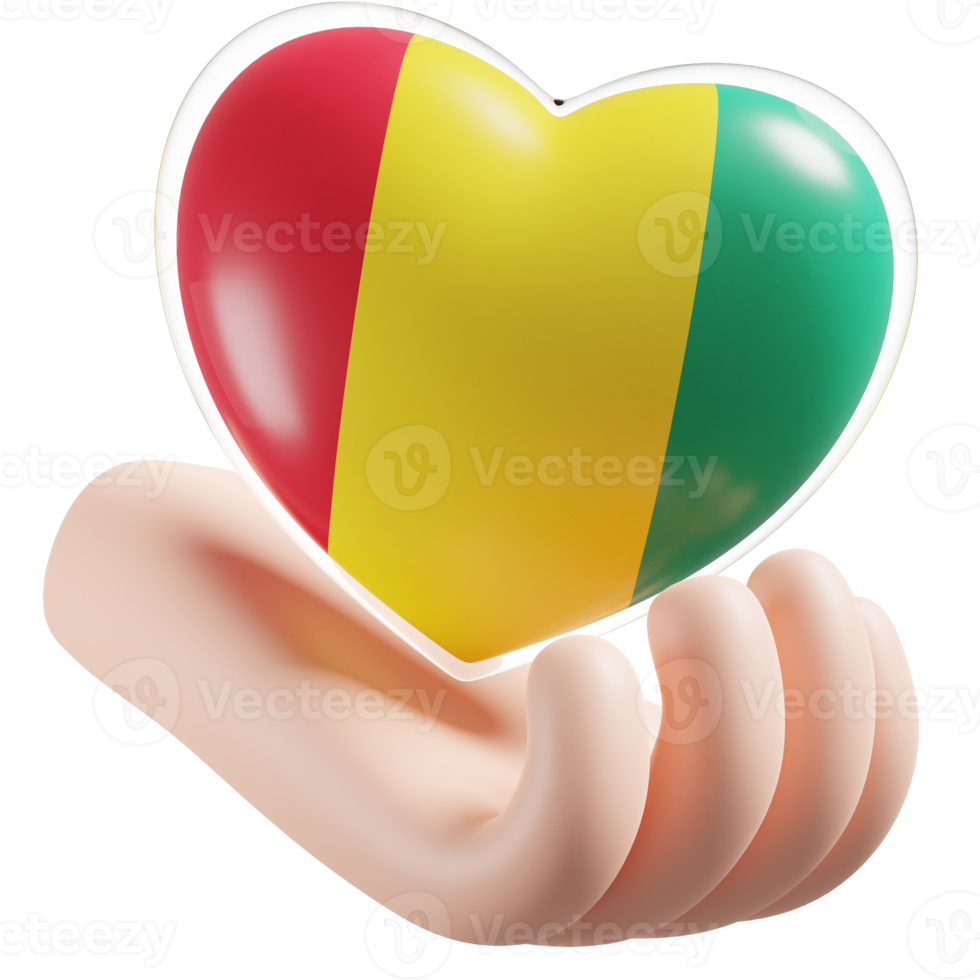 Guinea vlag met hart hand- zorg realistisch 3d getextureerde png