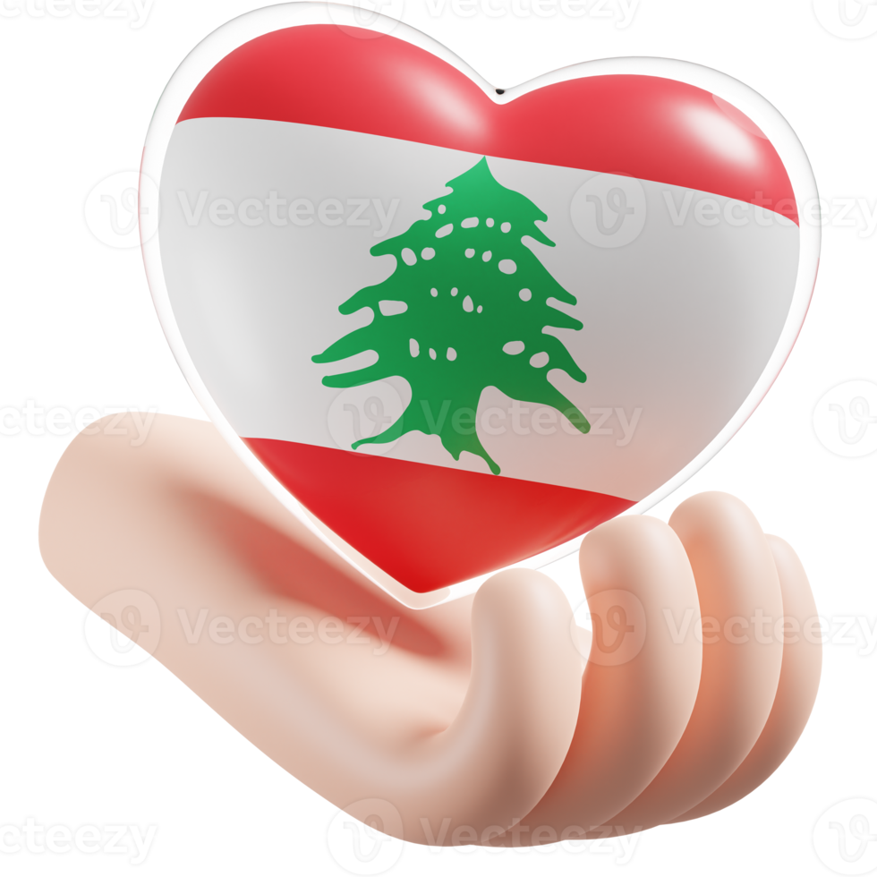 Lebanon flag with heart hand care realistic 3d textured png