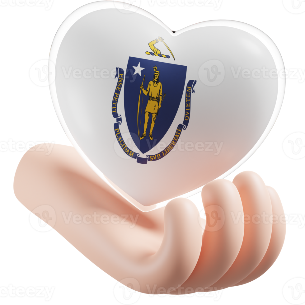 Massachusetts flag with heart hand care realistic 3d textured png