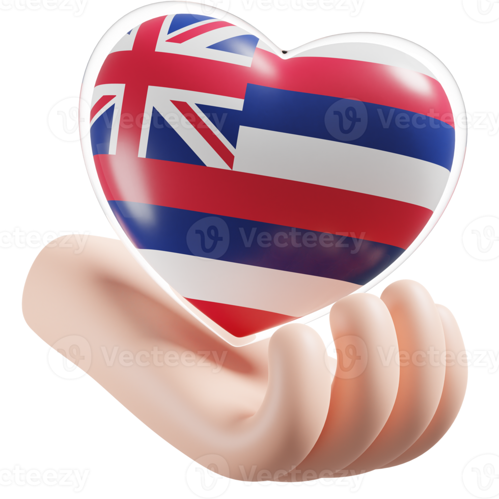 Hawaii flag with heart hand care realistic 3d textured png