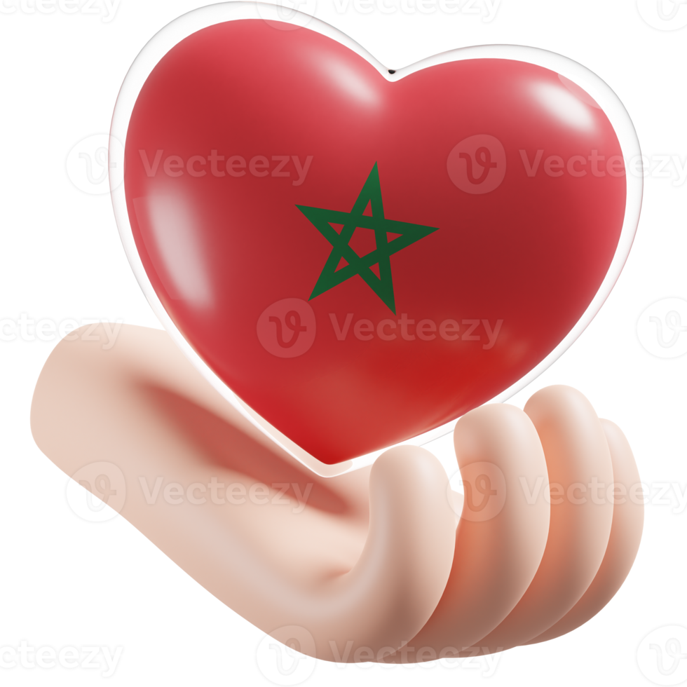 Morocco flag with heart hand care realistic 3d textured png