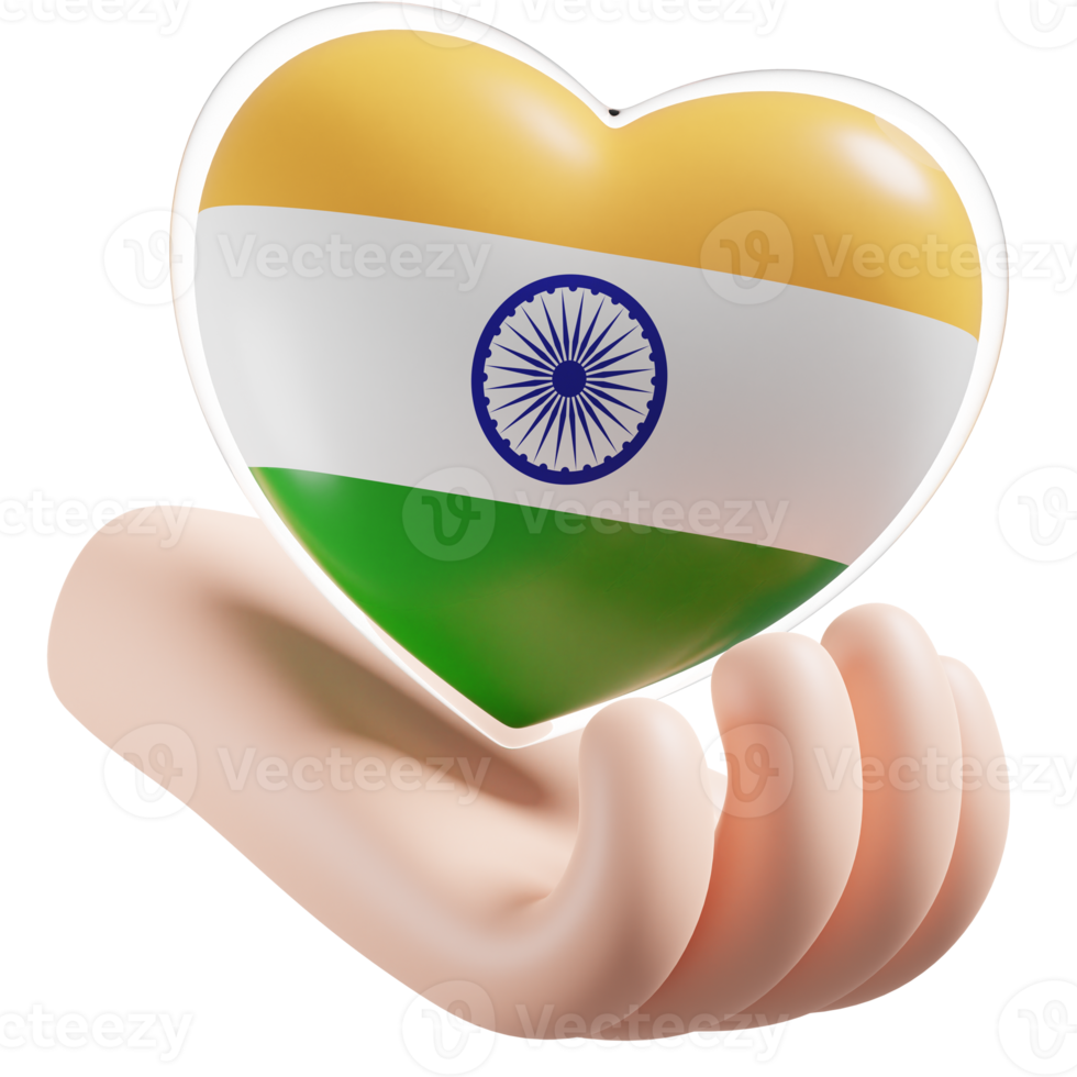 India flag with heart hand care realistic 3d textured png