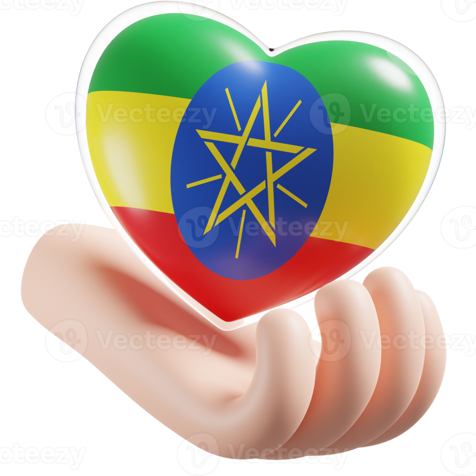 Ethiopia flag with heart hand care realistic 3d textured png