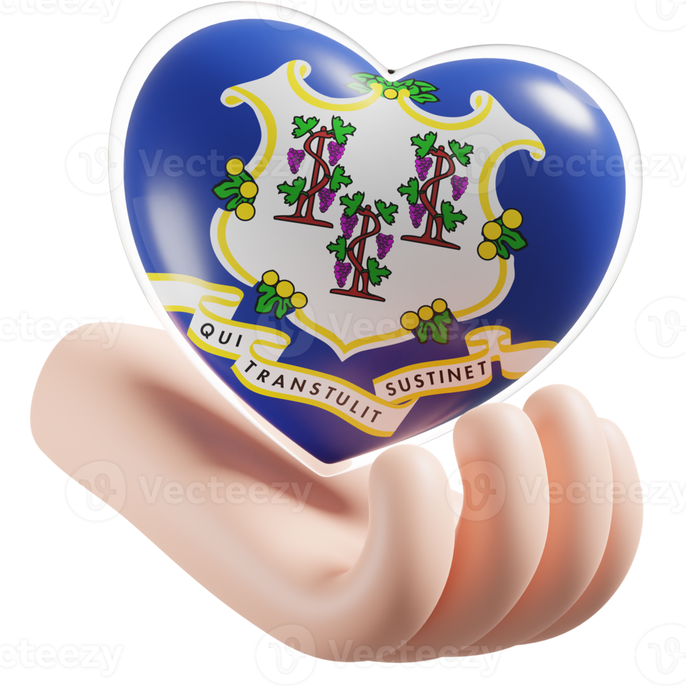 Connecticut flag with heart hand care realistic 3d textured png