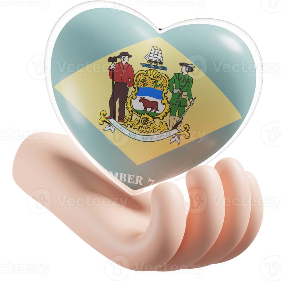 Delaware flag with heart hand care realistic 3d textured png