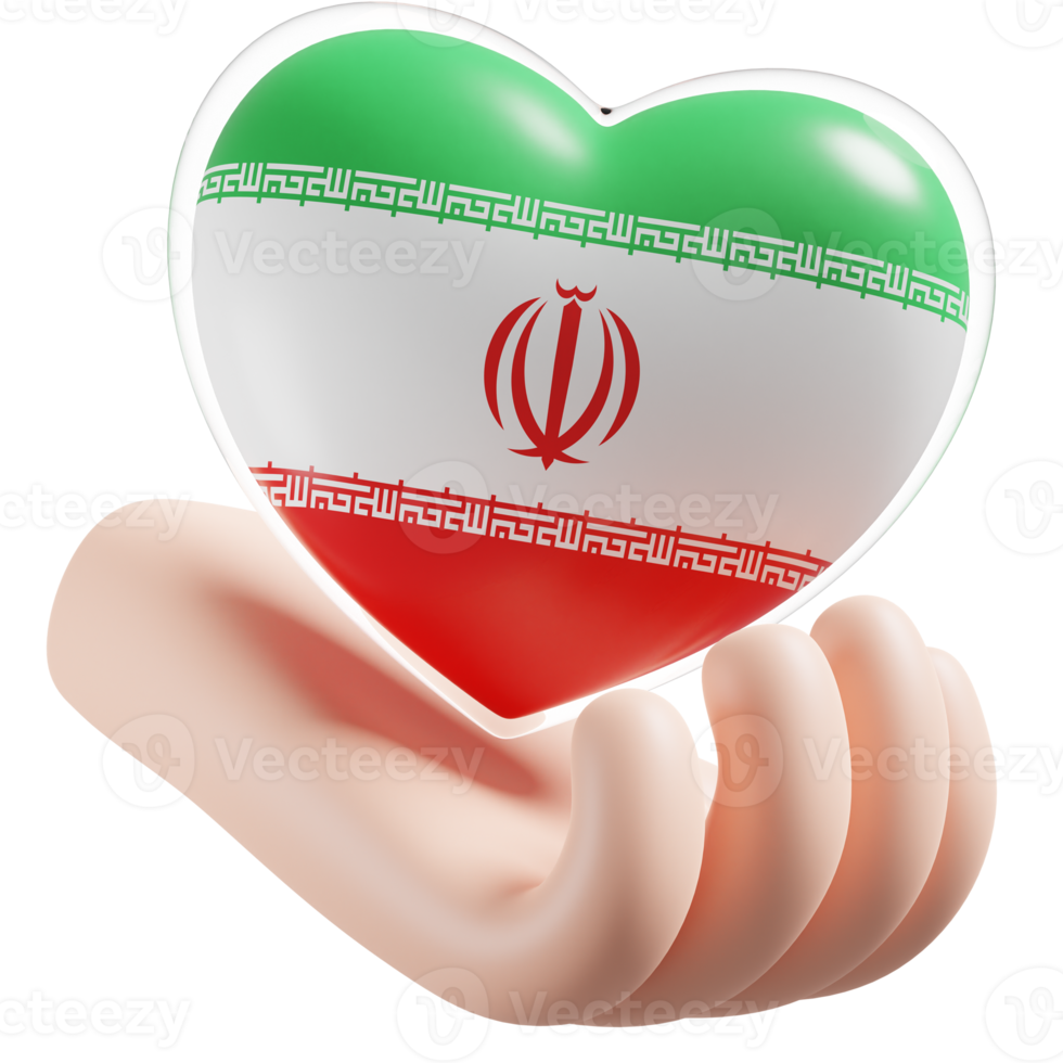 Iran flag with heart hand care realistic 3d textured png