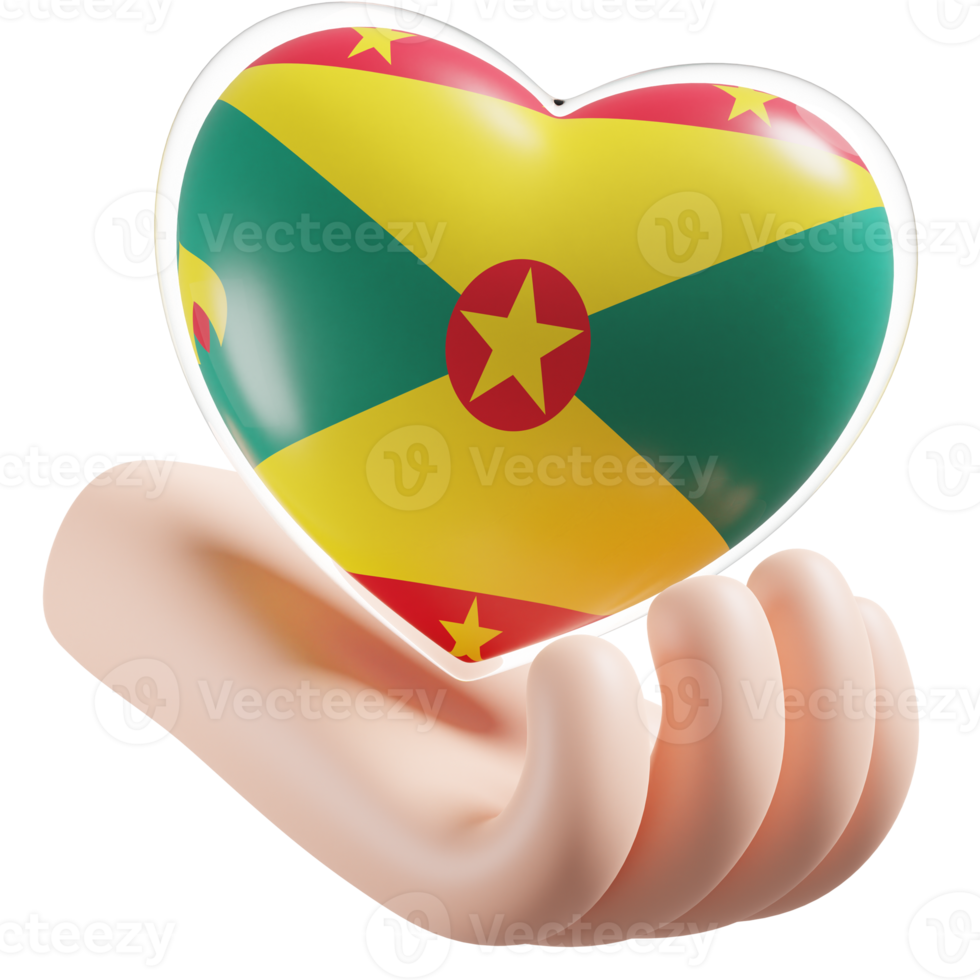 Grenada flag with heart hand care realistic 3d textured png