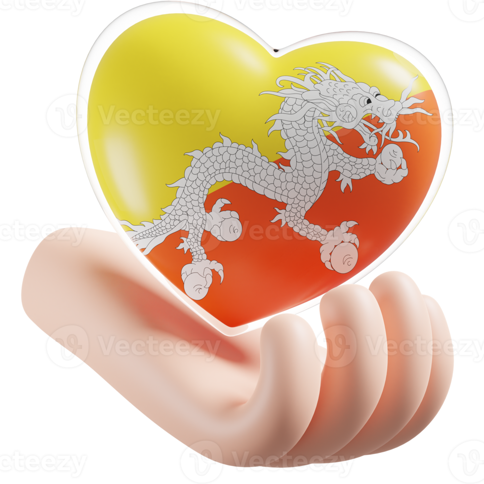 Bhutan flag with heart hand care realistic 3d textured png