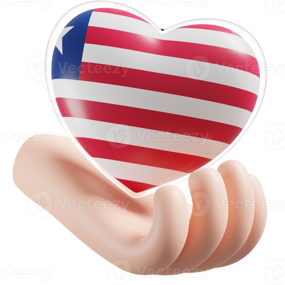 Liberia flag with heart hand care realistic 3d textured png