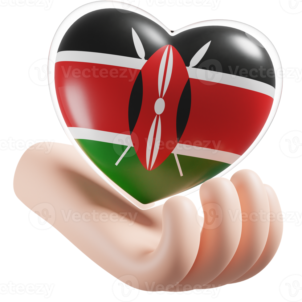 Kenya flag with heart hand care realistic 3d textured png