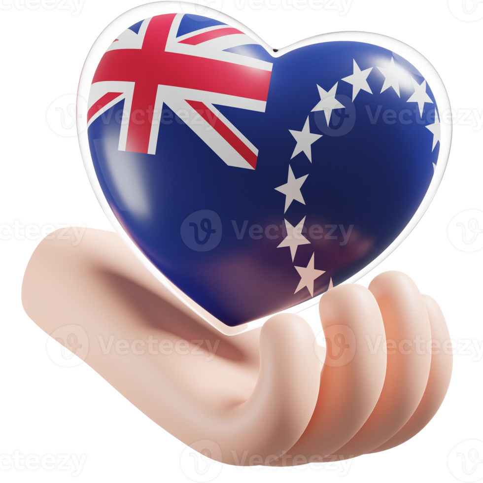 Cook Islands flag with heart hand care realistic 3d textured png