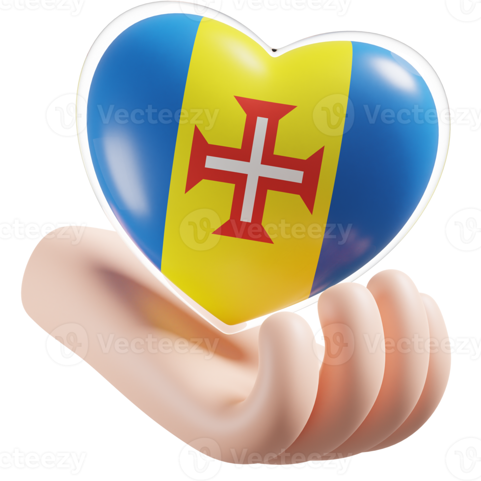 Madeira flag with heart hand care realistic 3d textured png
