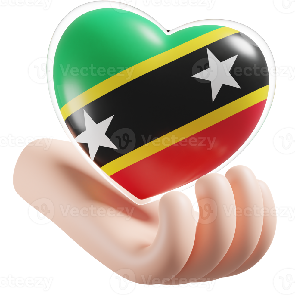 Saint Kitts and Nevis flag with heart hand care realistic 3d textured png