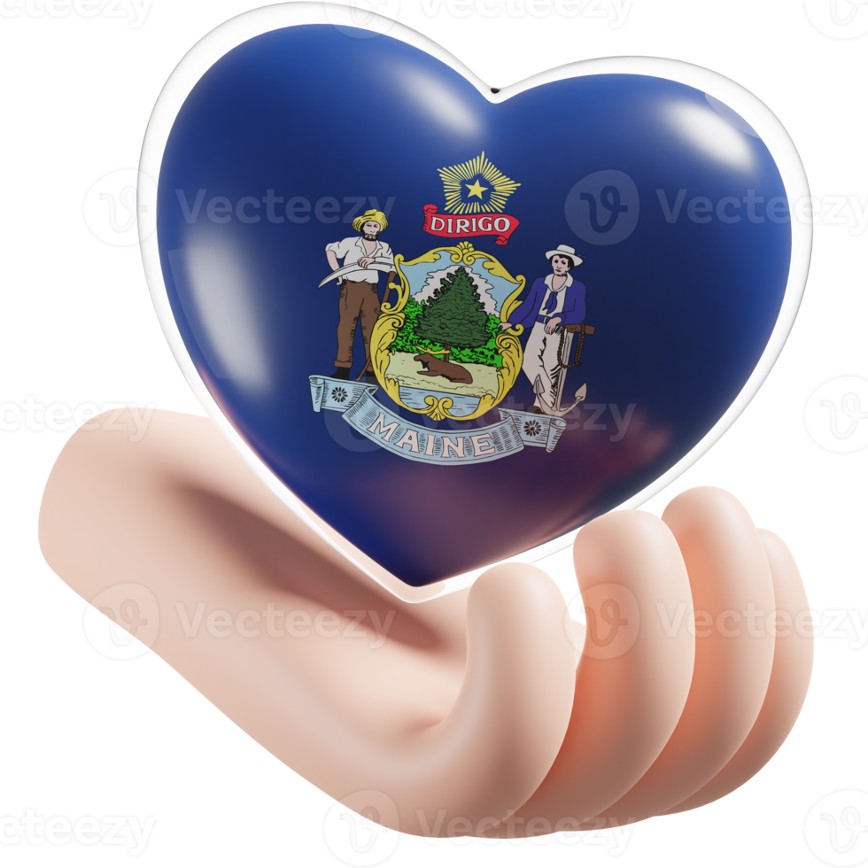 Maine flag with heart hand care realistic 3d textured png