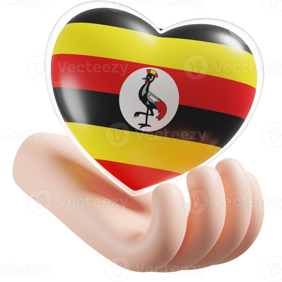 Uganda flag with heart hand care realistic 3d textured png