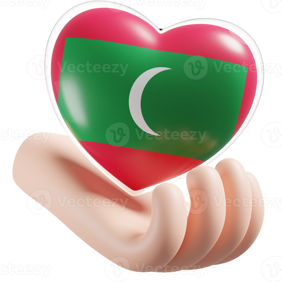 Maldives flag with heart hand care realistic 3d textured png