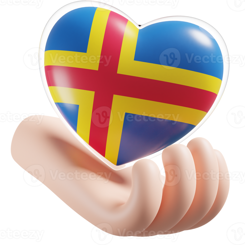 Aland flag with heart hand care realistic 3d textured png