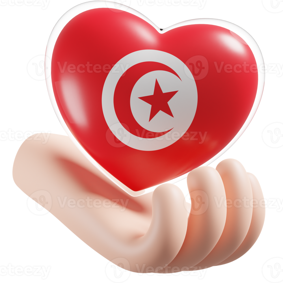 Tunisia flag with heart hand care realistic 3d textured png