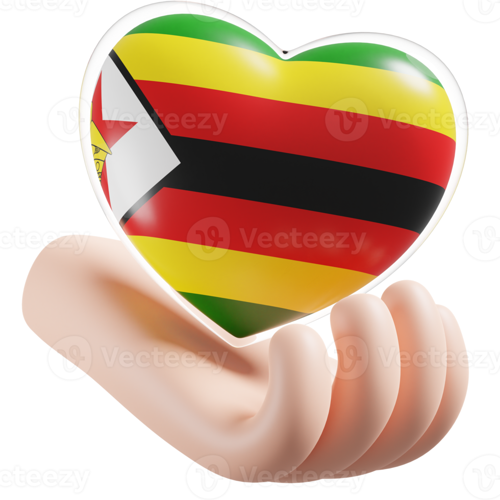 Zimbabwe flag with heart hand care realistic 3d textured png