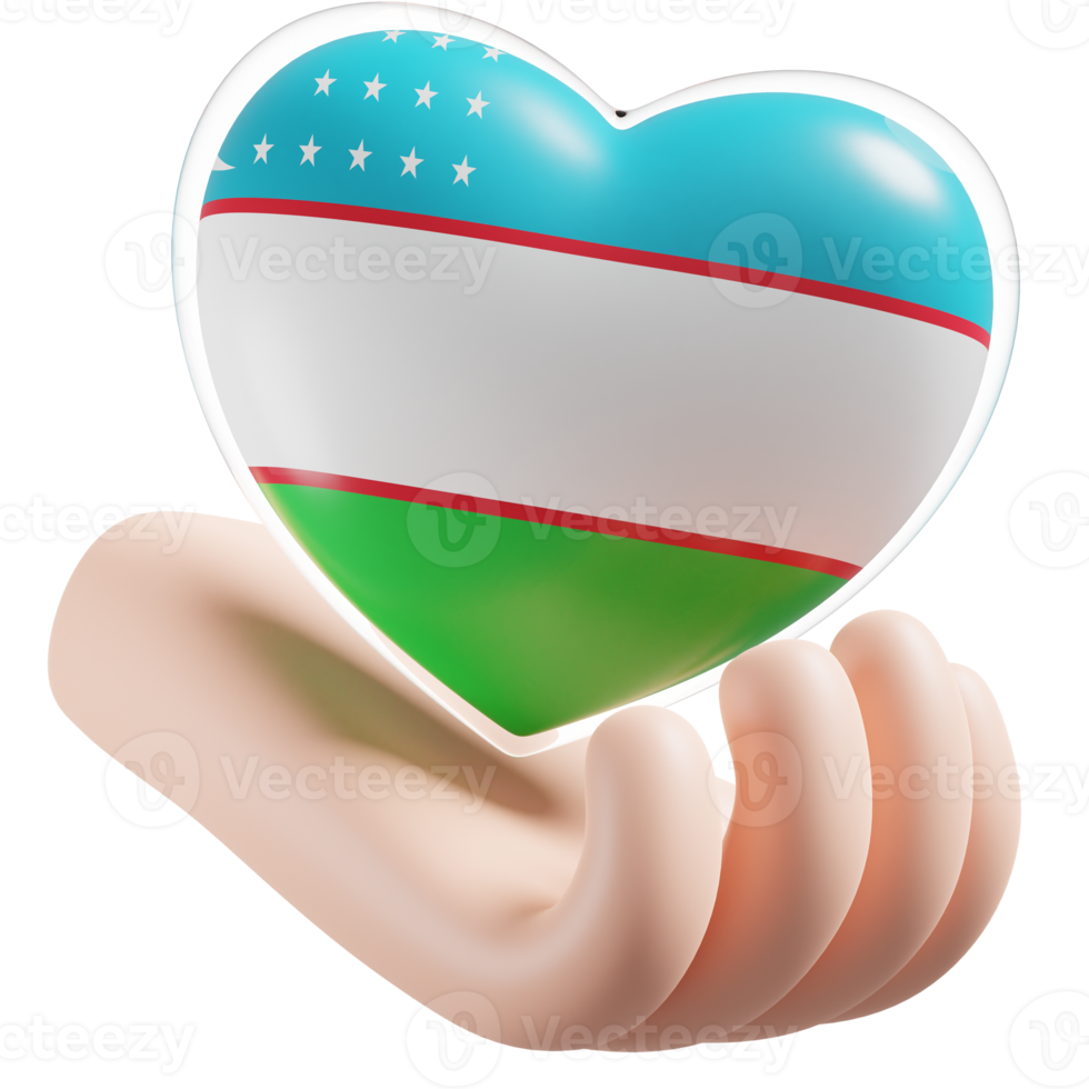Uzbekistan flag with heart hand care realistic 3d textured png