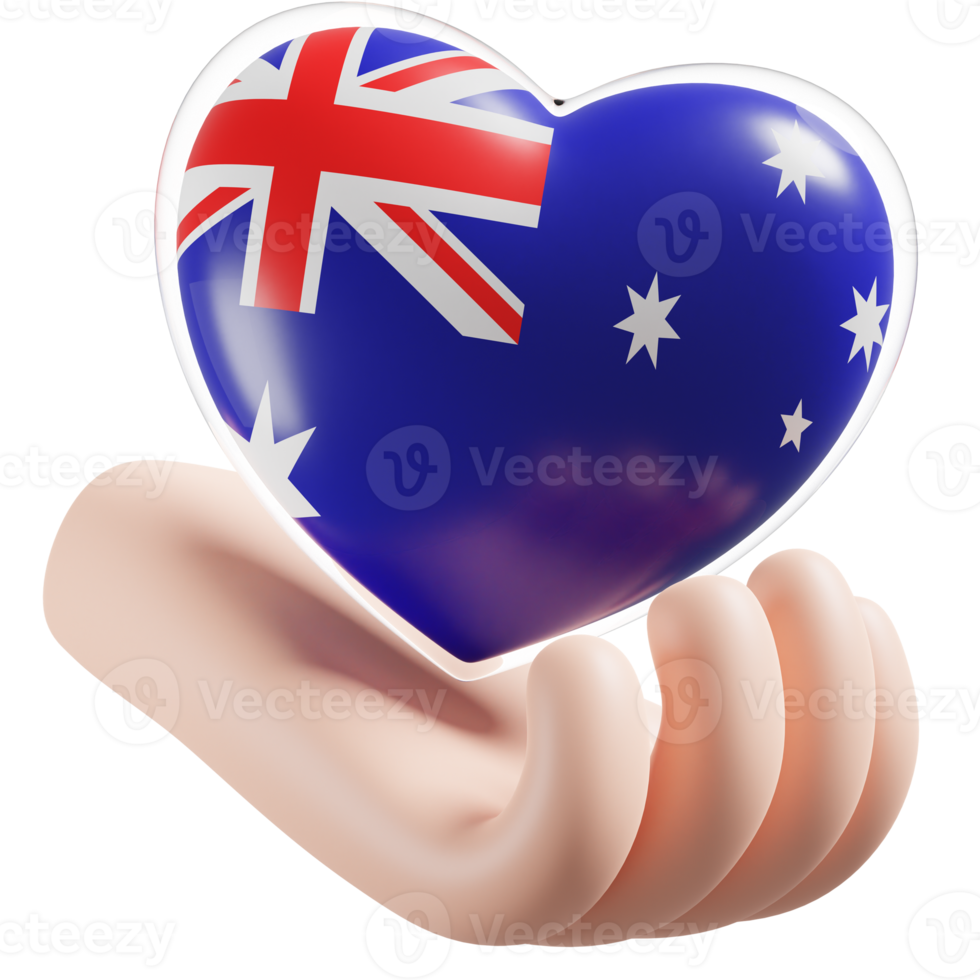 Australia flag with heart hand care realistic 3d textured png