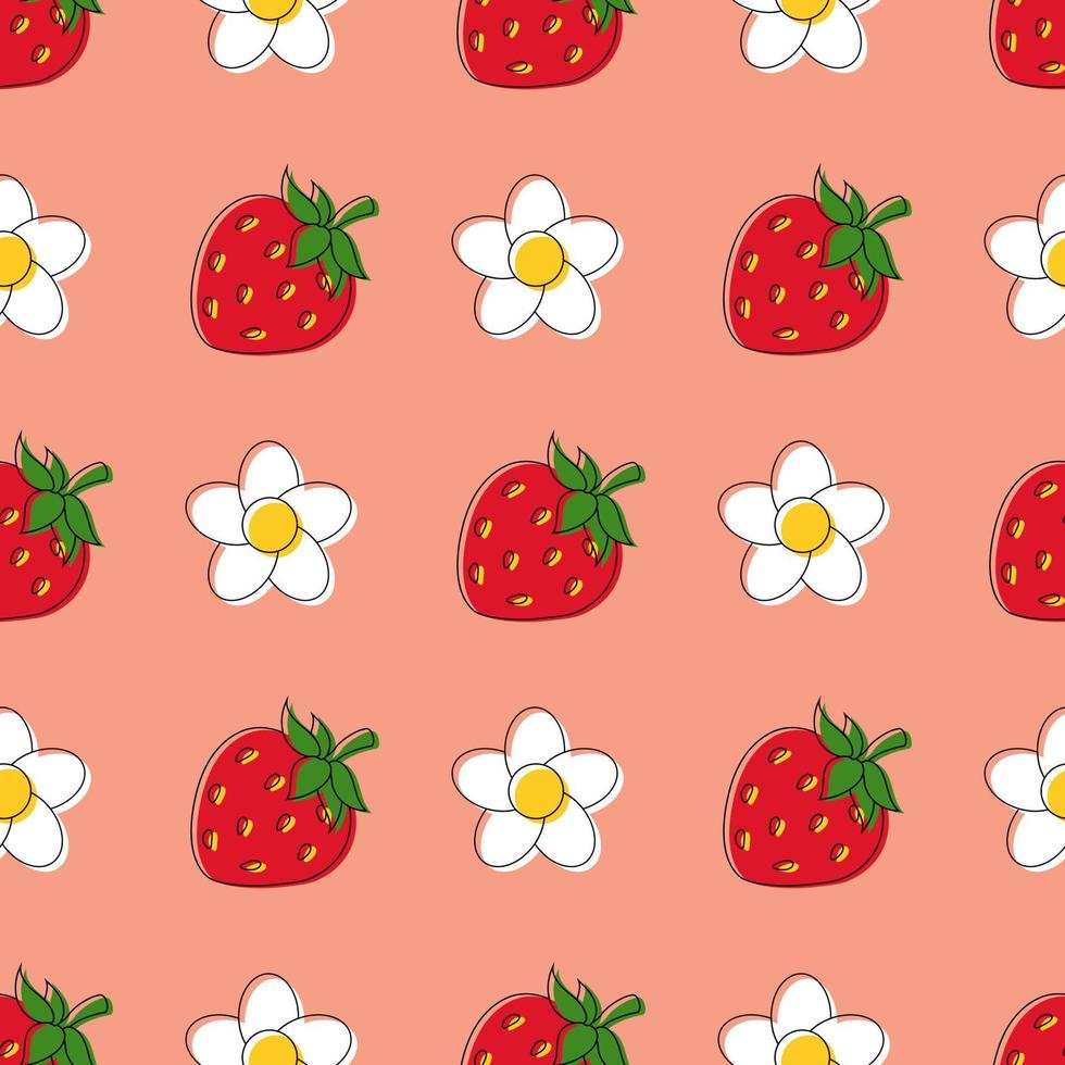 Seamless pattern with strawberries and daisies on delicate pink, peach background vector