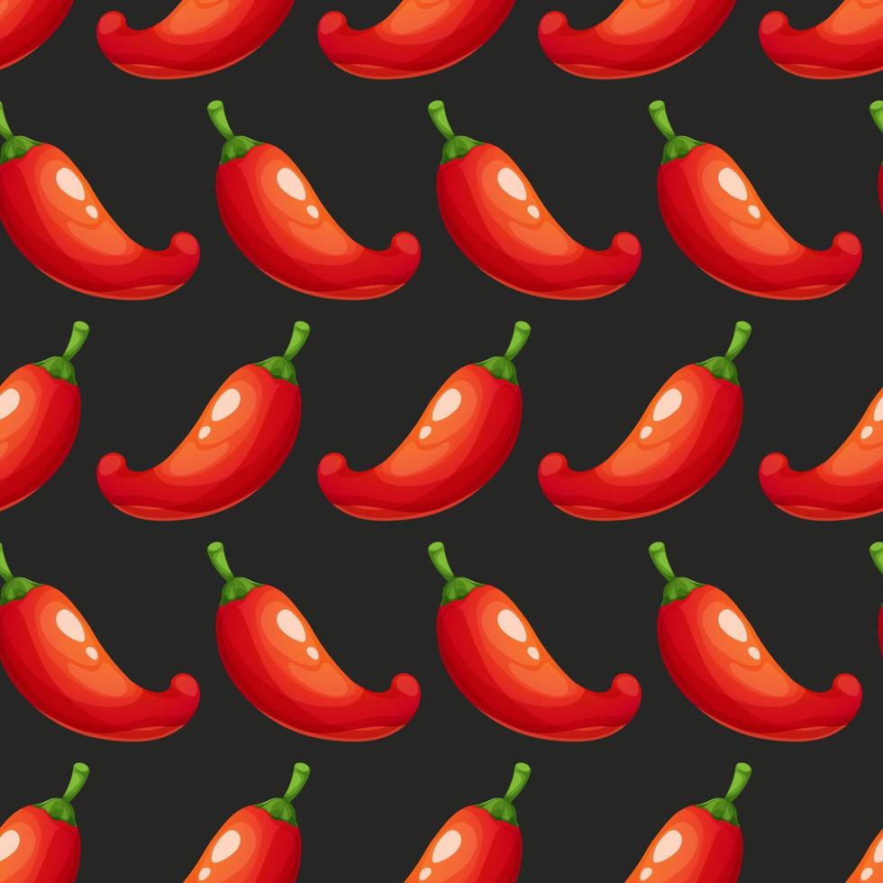 Seamless pattern with cartoon red peppers on dark black background. Vegetable Collection vector