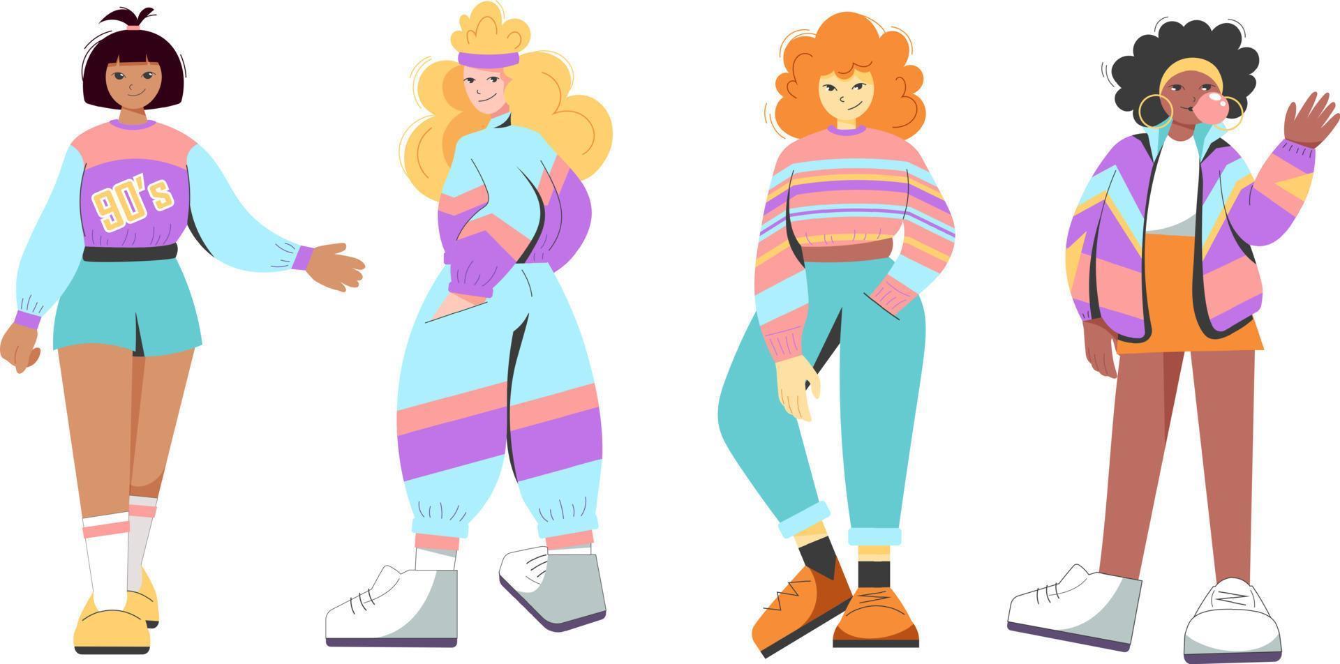 Flat retro design. Set of women in 90's sports style. Black woman, girl, blonde, redhead in 90's clothing vector
