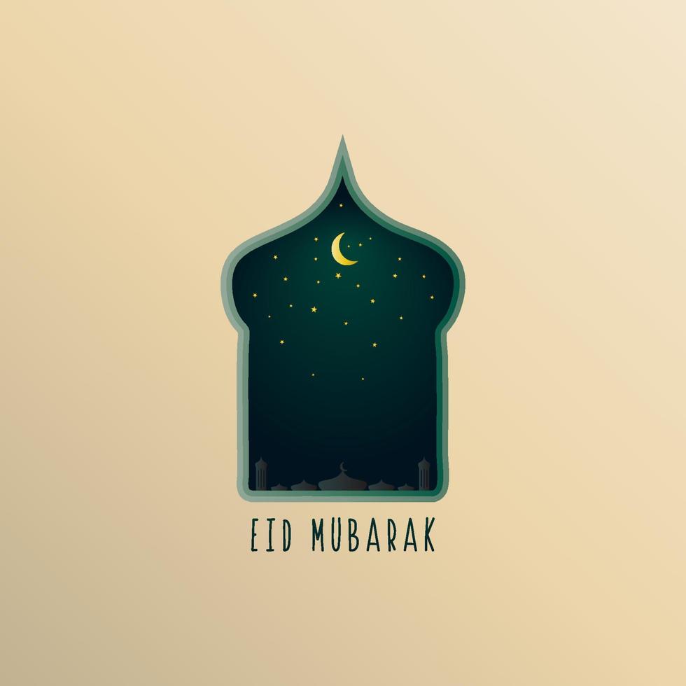 eid Mubarak sencillo saludo tarjeta diseño modelo. un lujoso y magnífico islámico antecedentes. social medios de comunicación bandera. ilustración de estrellas, noche, mezquita, Luna forma vector