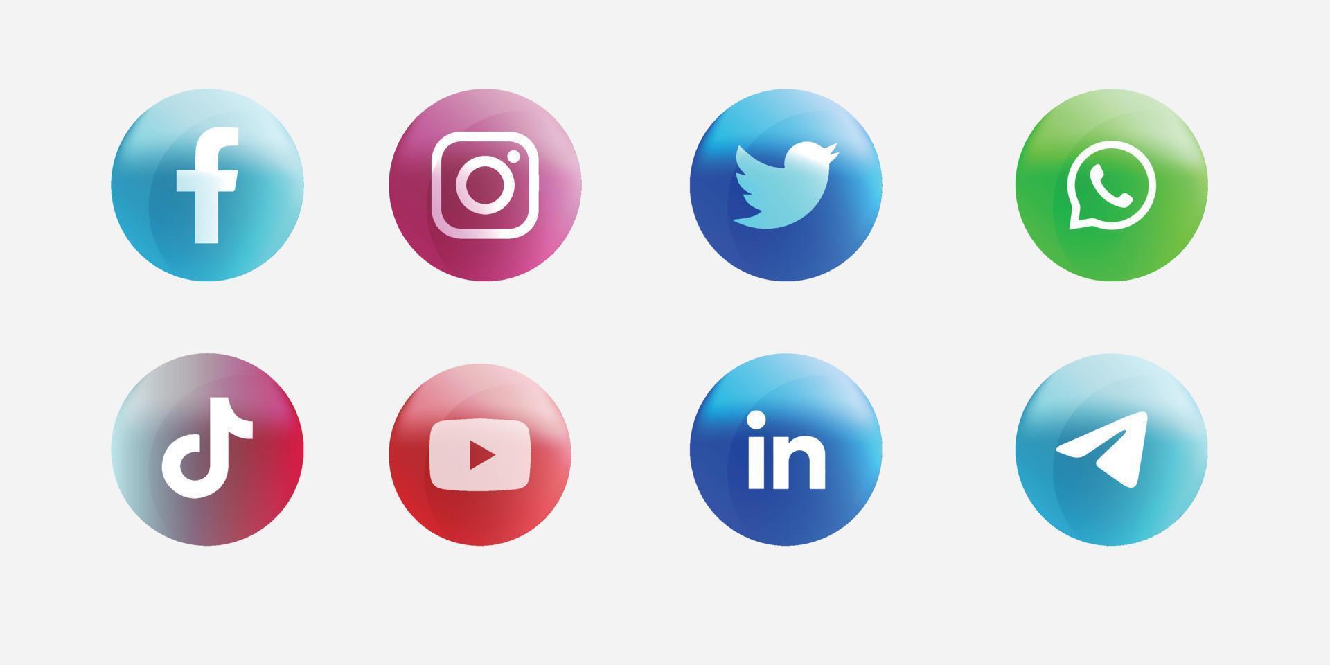 Set of most popular social media logos. Facebook, Instagram, Twitter, Tiktok, WhatsApp, YouTube, linkedin, telegram vector