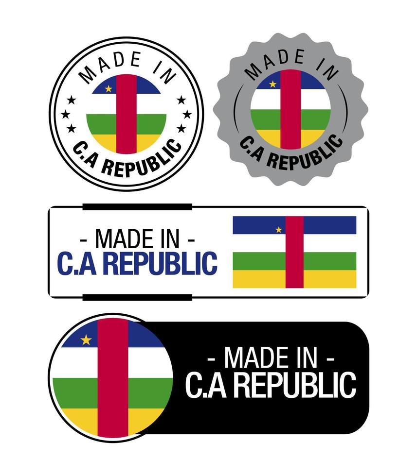 Set of Made in Central African Republic labels, logo, Central African Republic Flag, Central African Republic Product Emblem vector