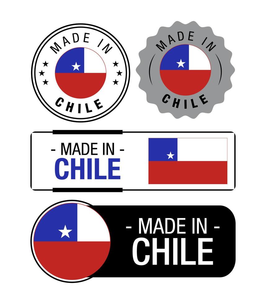 conjunto de hecho en Chile etiquetas, logo, Chile bandera, Chile producto emblema vector